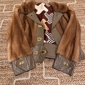 Vintage Brown Fur and Leather Jacket with Gold Accents